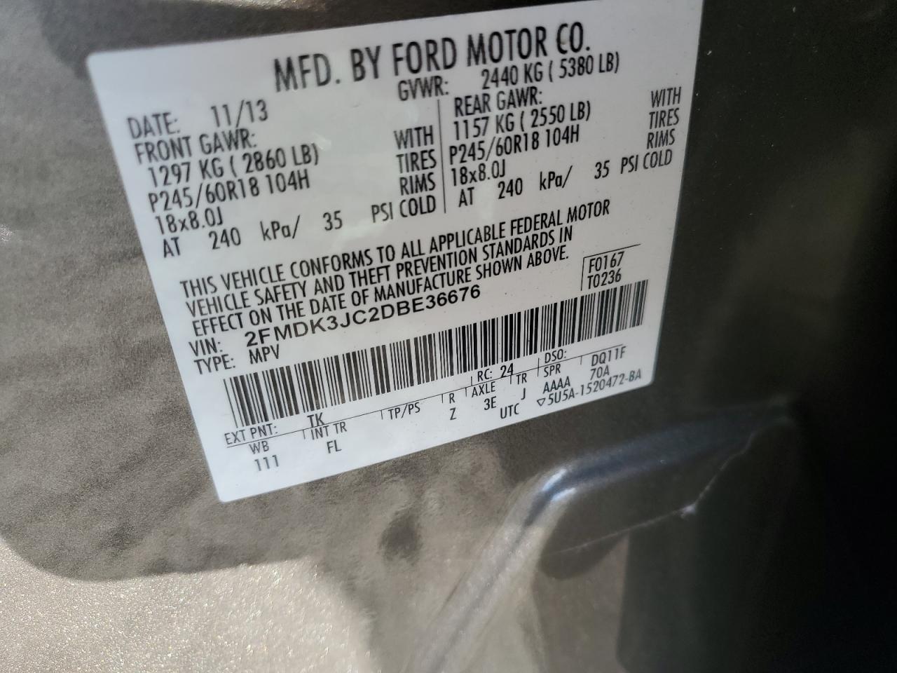 2013 Ford Edge Sel VIN: 2FMDK3JC2DBE36676 Lot: 87474955