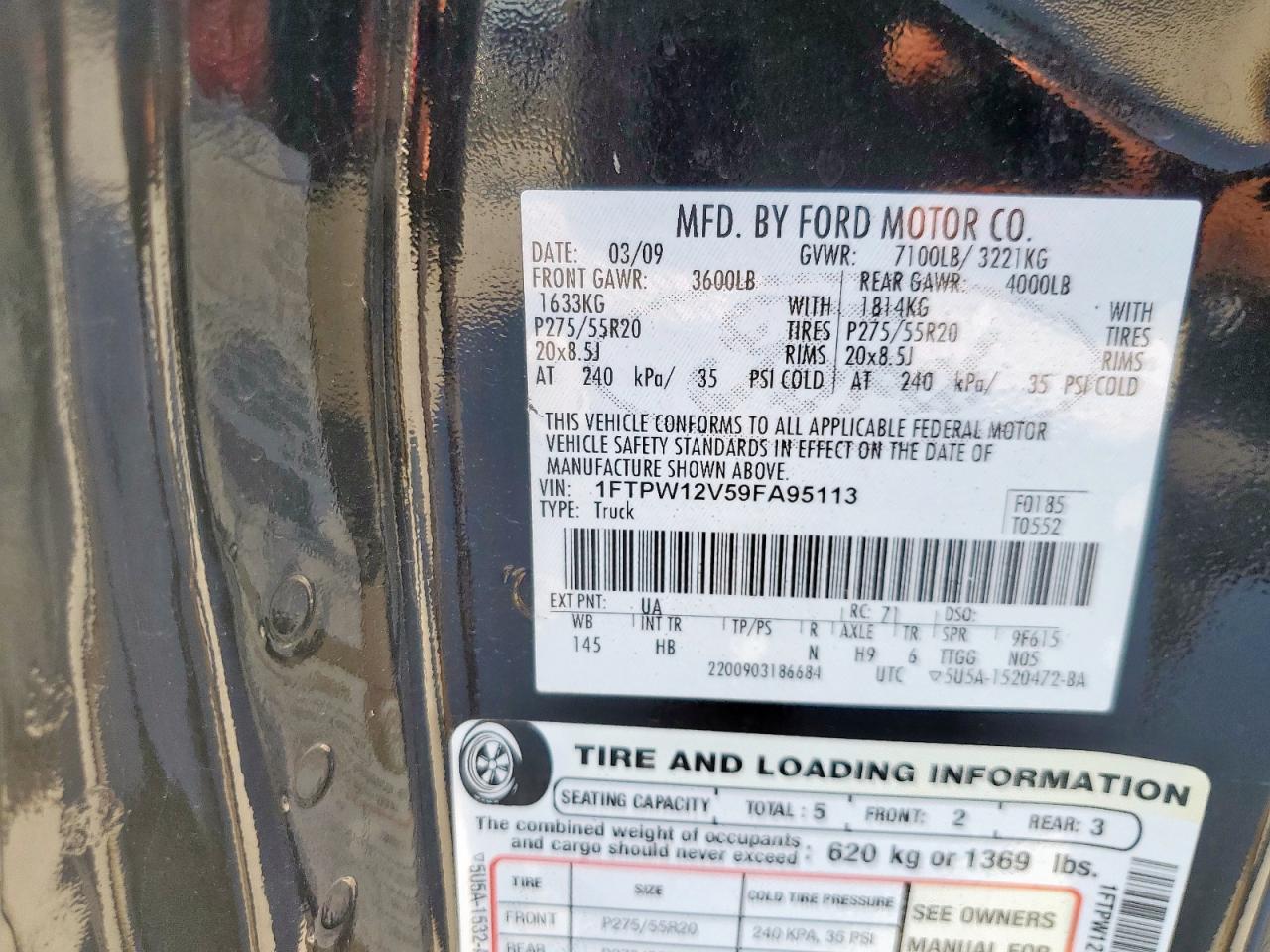 2009 Ford F150 Supercrew VIN: 1FTPW12V59FA95113 Lot: 85142745