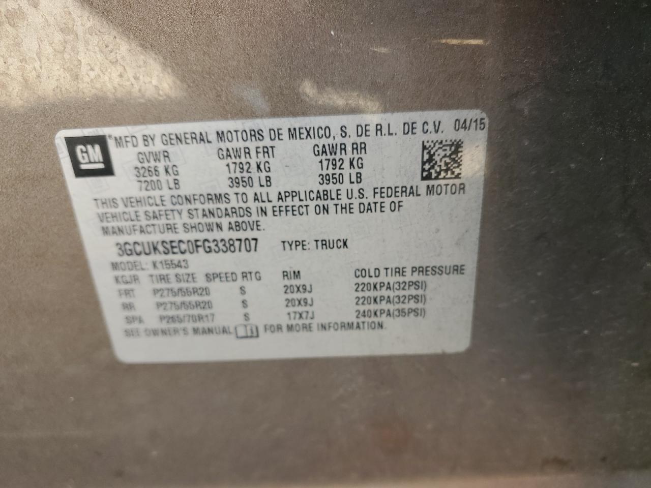 2015 Chevrolet Silverado K1500 Ltz VIN: 3GCUKSEC0FG338707 Lot: 85367515