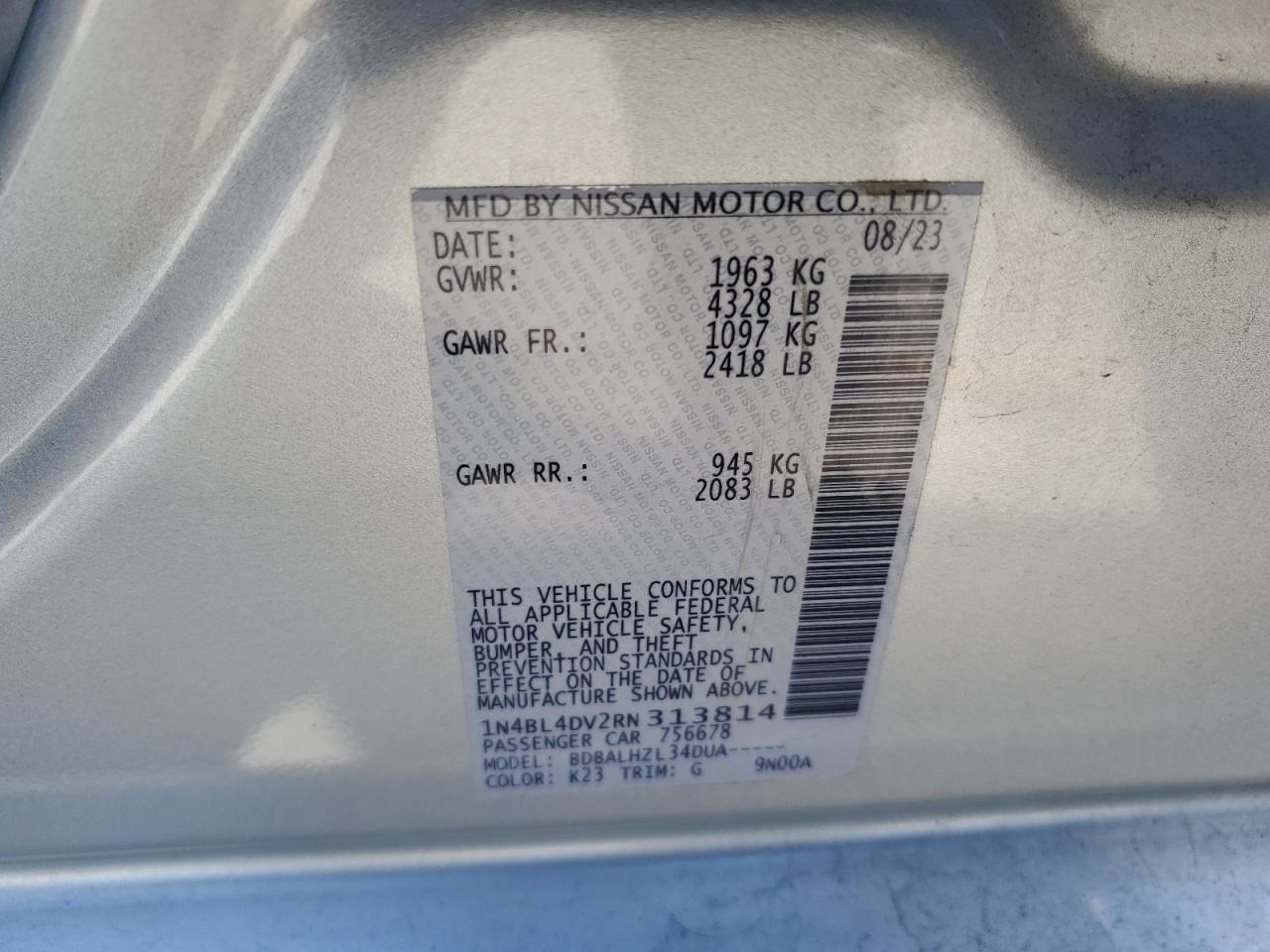 2024 Nissan Altima Sv VIN: 1N4BL4DV2RN313814 Lot: 91107185