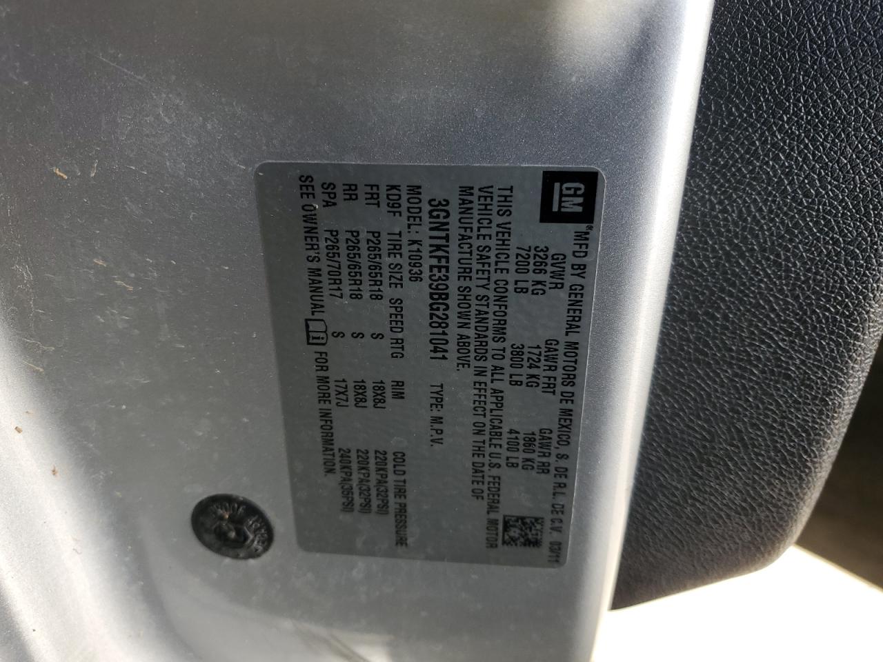 2011 Chevrolet Avalanche Lt VIN: 3GNTKFE39BG281041 Lot: 86875565