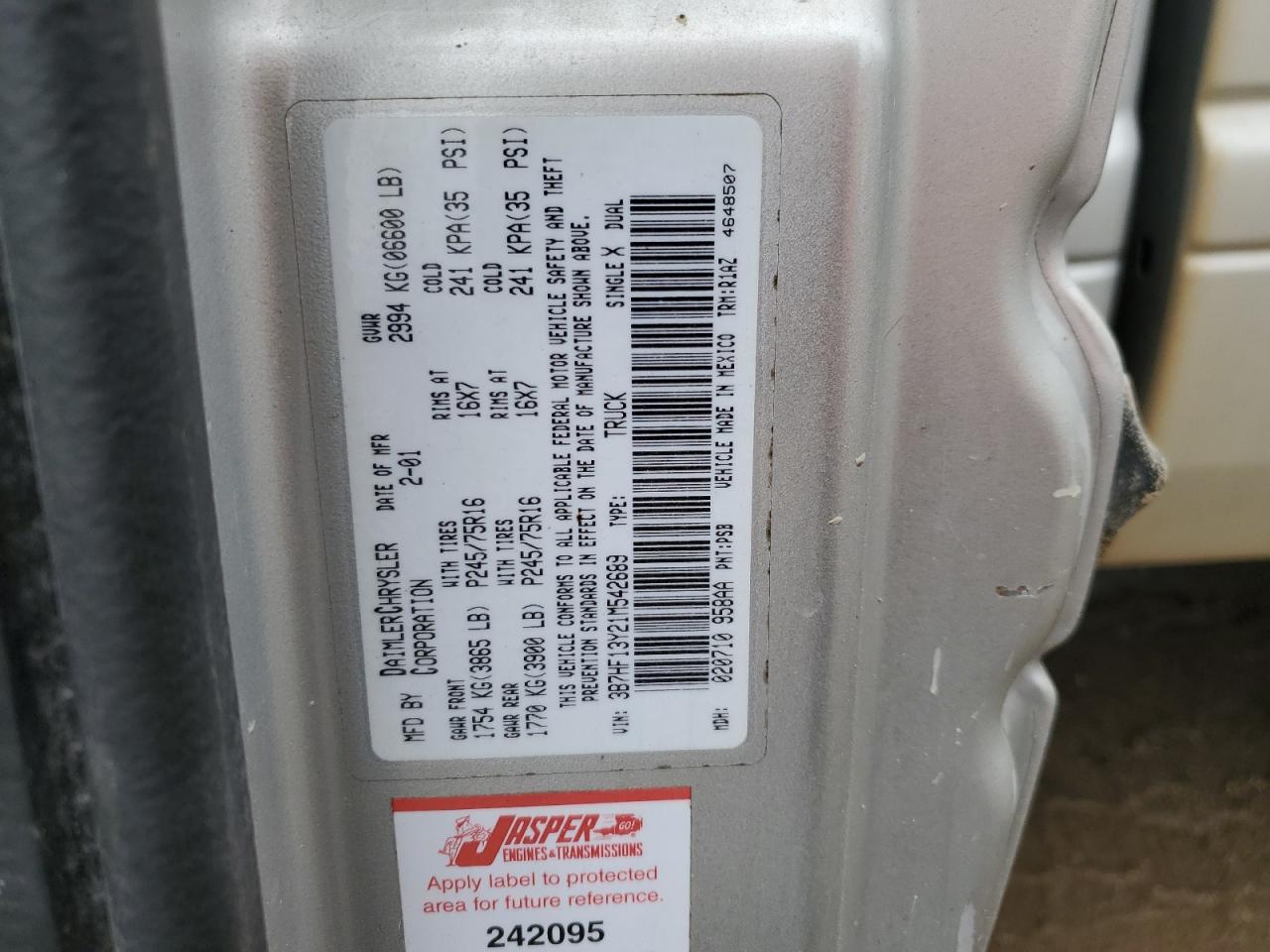 2001 Dodge Ram 1500 VIN: 3B7HF13Y21M542689 Lot: 85361445