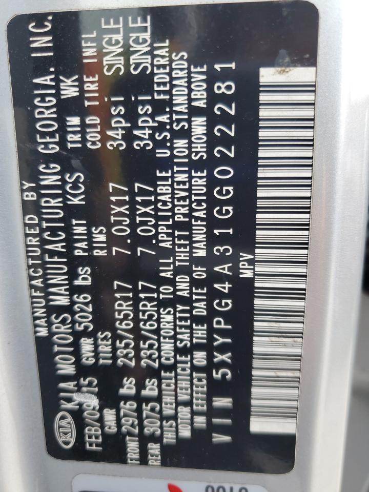 2016 Kia Sorento Lx VIN: 5XYPG4A31GG022281 Lot: 85698675