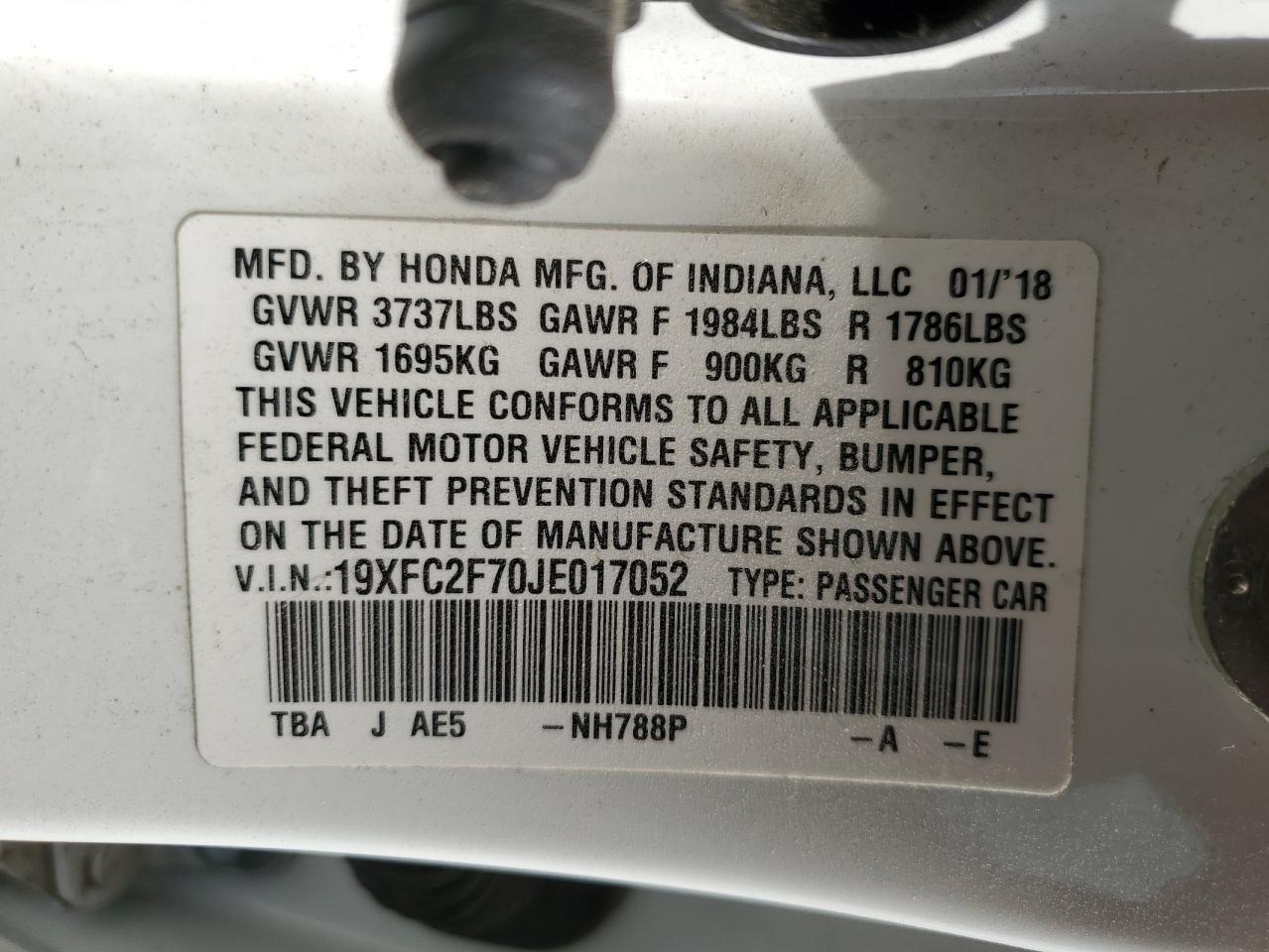 2018 Honda Civic Ex VIN: 19XFC2F70JE017052 Lot: 84954715