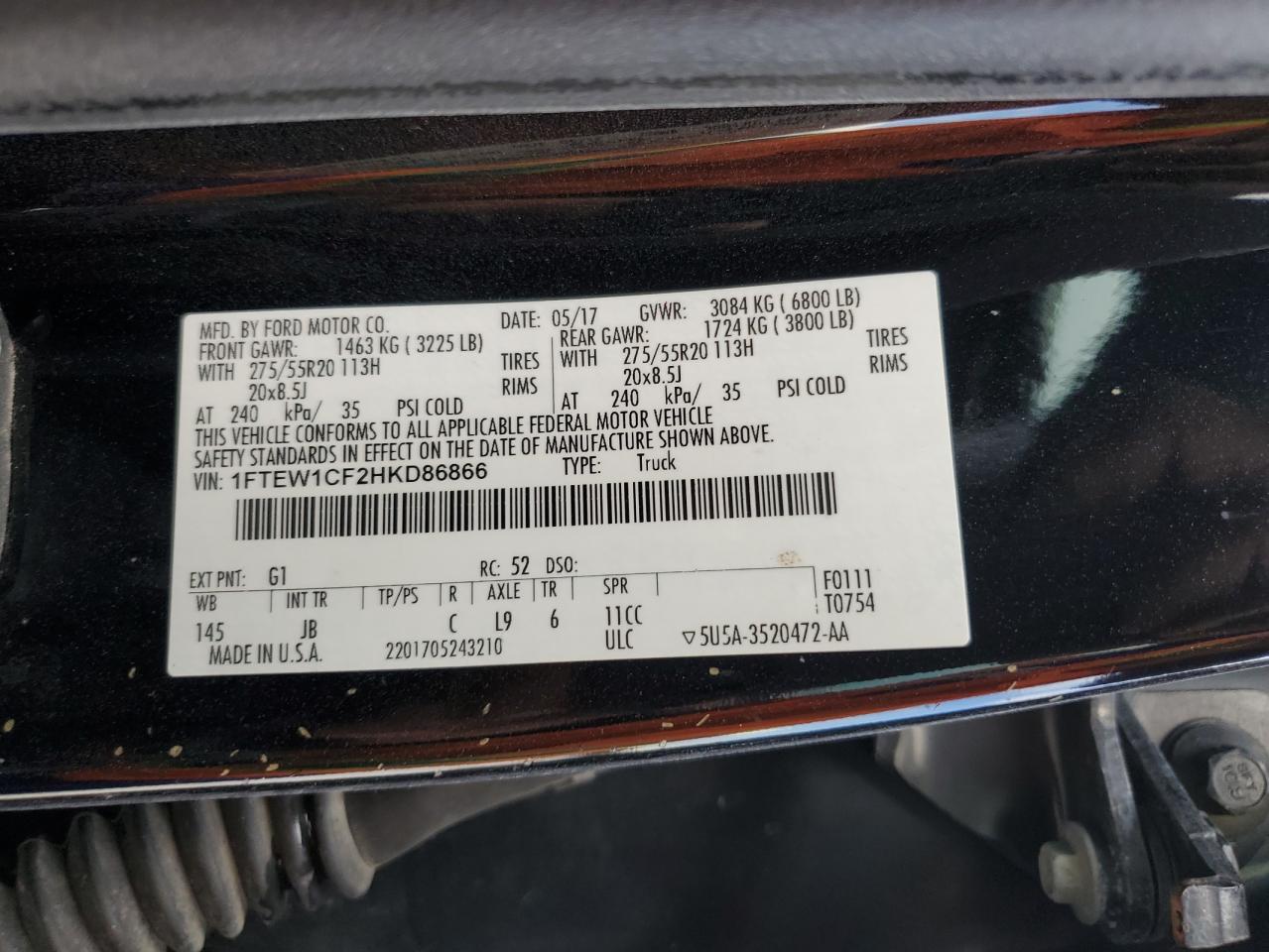 2017 Ford F150 Supercrew VIN: 1FTEW1CF2HKD86866 Lot: 87057925