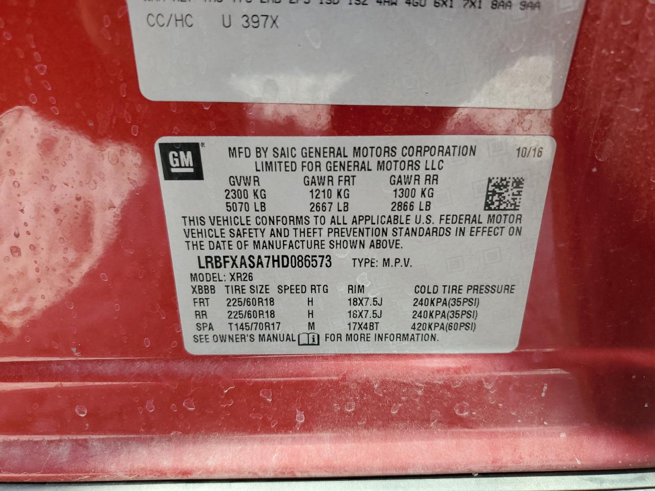 2017 Buick Envision Preferred VIN: LRBFXASA7HD086573 Lot: 86857615