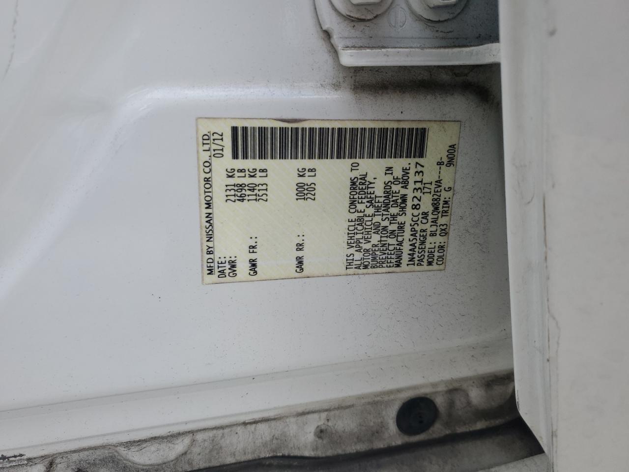 2012 Nissan Maxima S VIN: 1N4AA5AP5CC823137 Lot: 85362105