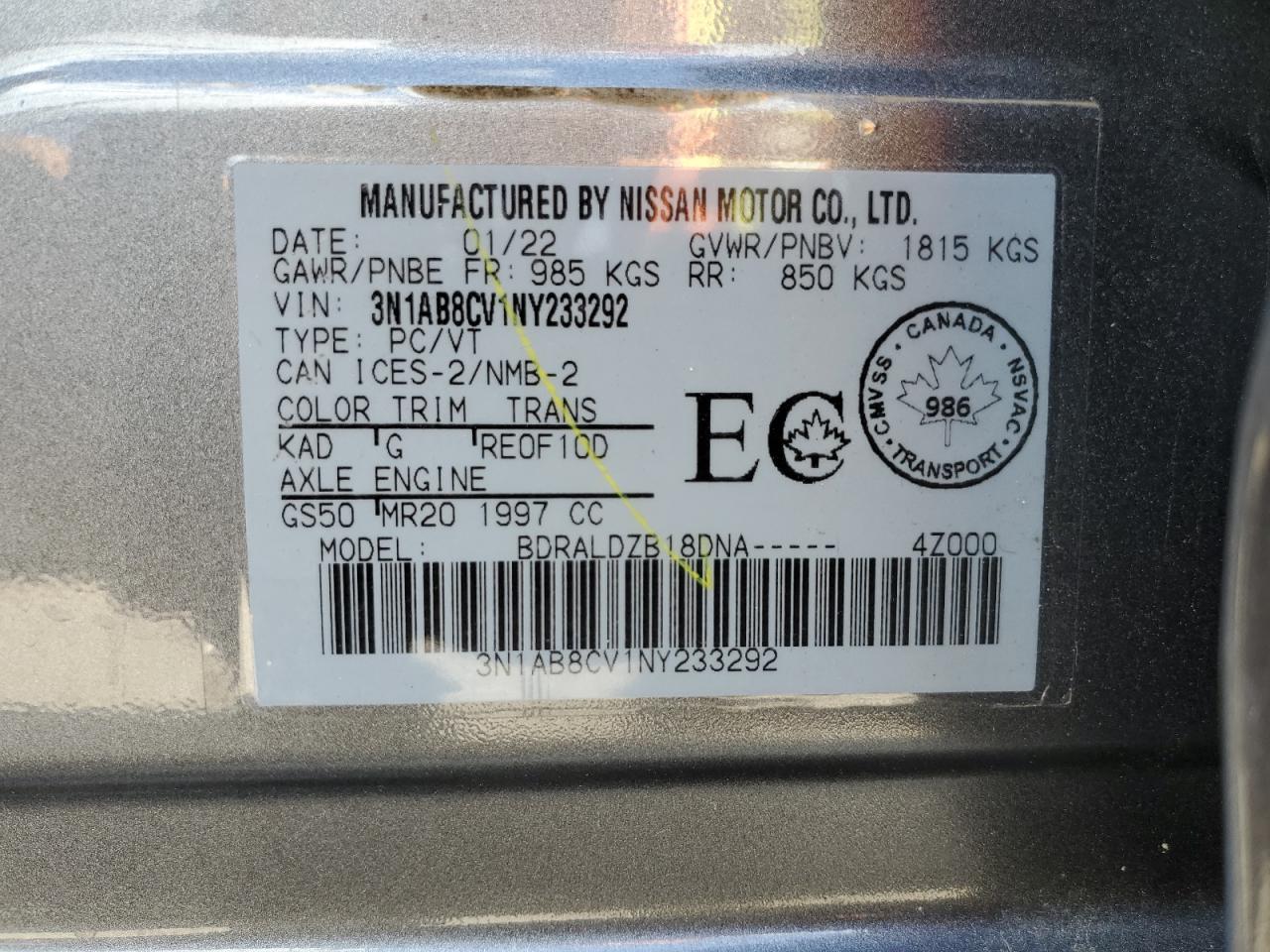 2022 Nissan Sentra Sv VIN: 3N1AB8CV1NY233292 Lot: 84253065