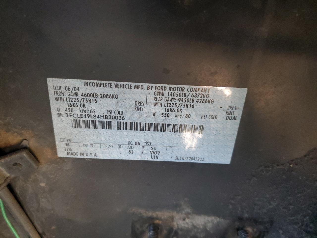 2004 Ford Econoline E450 Super Duty Commercial Stripped Chassis VIN: 1FCLE49L84HB30036 Lot: 83951305