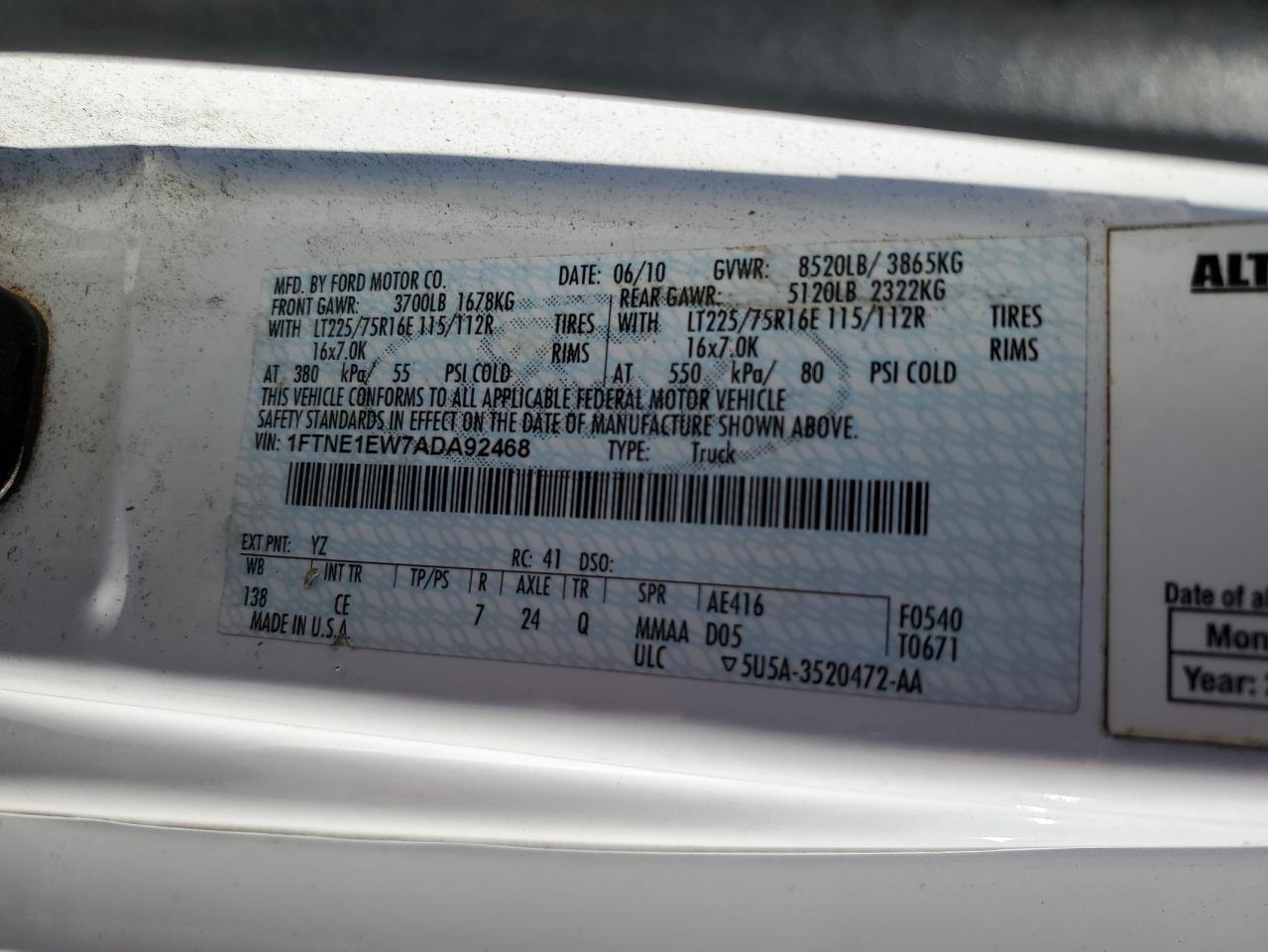 2010 Ford Econoline E150 Van VIN: 1FTNE1EW7ADA92468 Lot: 85256035