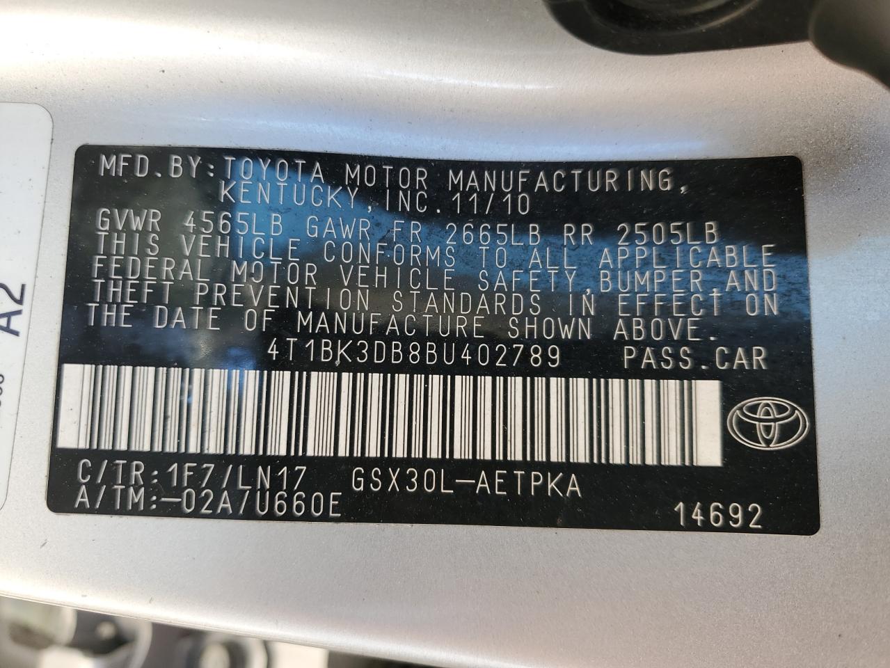 2011 Toyota Avalon Base VIN: 4T1BK3DB8BU402789 Lot: 84642425