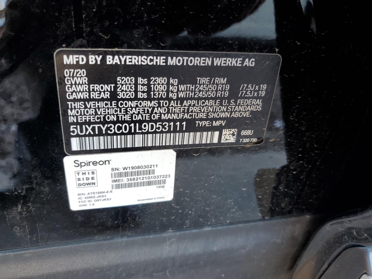 2020 BMW X3 Sdrive30I VIN: 5UXTY3C01L9D53111 Lot: 82203665