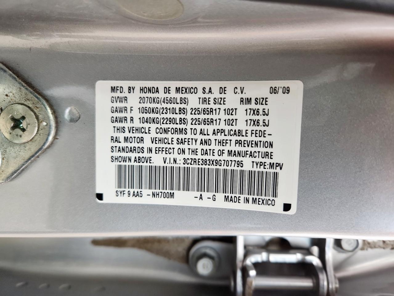 2009 Honda Cr-V Lx VIN: 3CZRE383X9G707795 Lot: 90319125