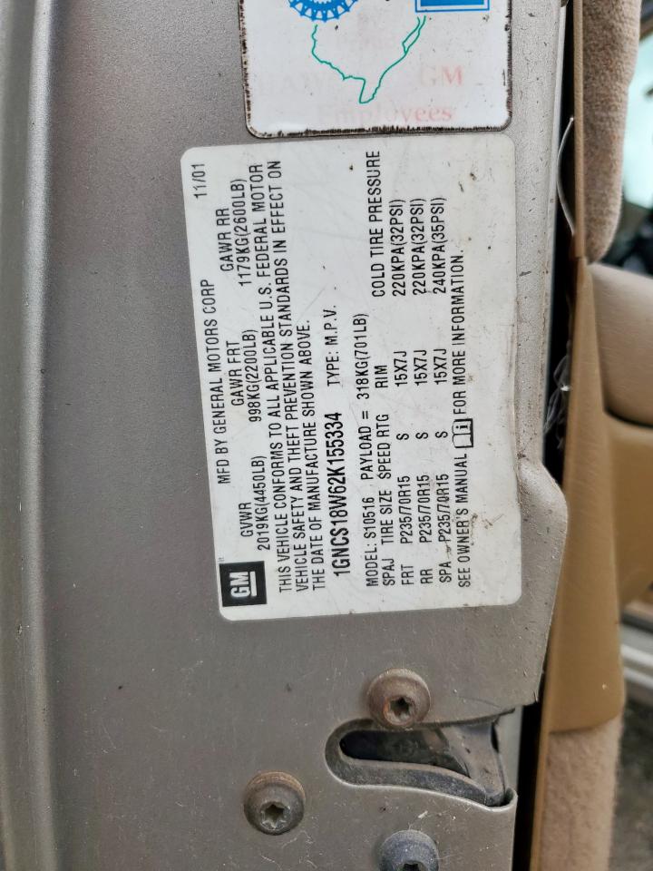 2002 Chevrolet Blazer VIN: 1GNCS18W62K155334 Lot: 85284995