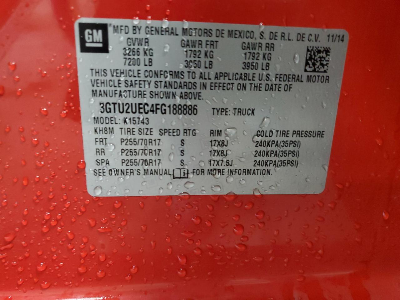 2015 GMC Sierra K1500 Sle VIN: 3GTU2UEC4FG188886 Lot: 90281365