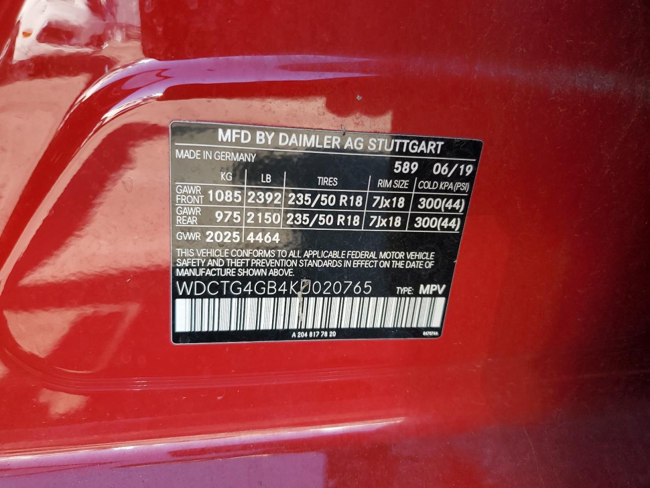 2019 Mercedes-Benz Gla 250 4Matic VIN: WDCTG4GB4KU020765 Lot: 86079135