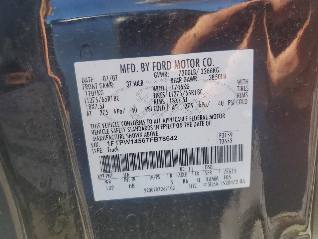 2007 Ford F150 Supercrew VIN: 1FTPW14567FB78642 Lot: 86744155