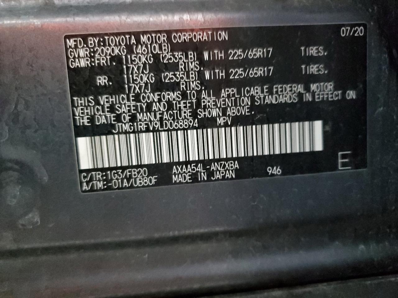 2020 Toyota Rav4 Le VIN: JTMG1RFV9LD068894 Lot: 85688655