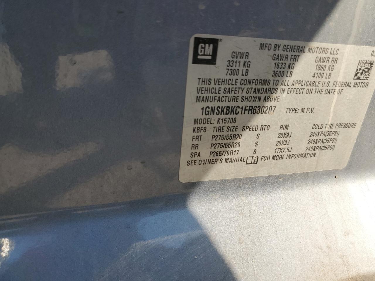 2015 Chevrolet Tahoe K1500 Lt VIN: 1GNSKBKC1FR630207 Lot: 84629415