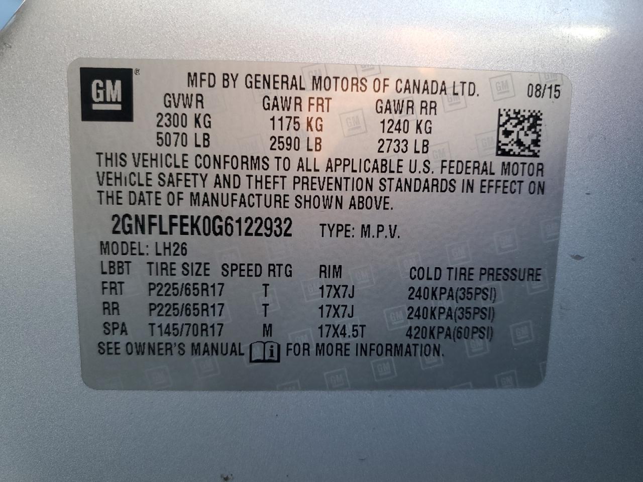 2016 Chevrolet Equinox Lt VIN: 2GNFLFEK0G6122932 Lot: 89512165