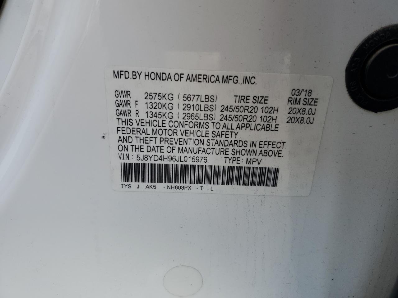 2018 Acura Mdx Advance VIN: 5J8YD4H96JL015976 Lot: 86087175