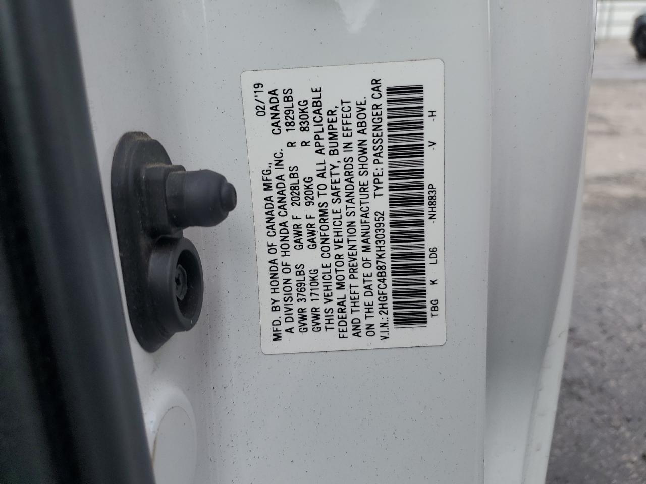 2019 Honda Civic Sport VIN: 2HGFC4B87KH303952 Lot: 84641325