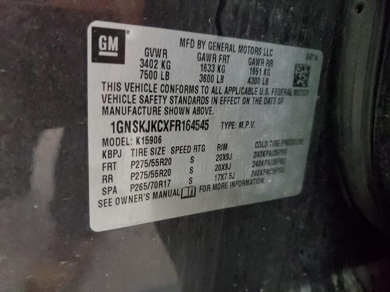 2015 Chevrolet Suburban K1500 Lt VIN: 1GNSKJKCXFR164545 Lot: 86055805