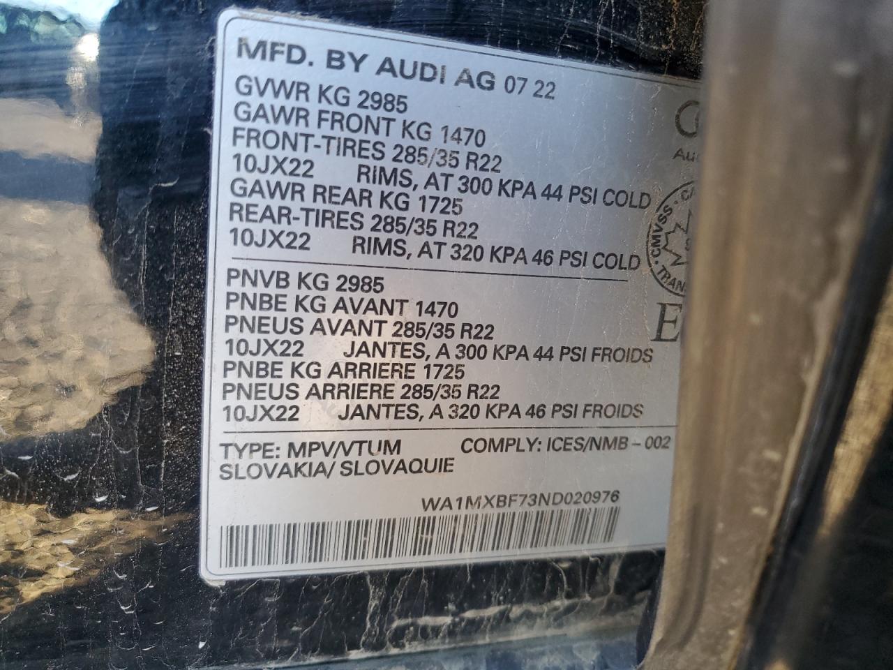 2022 Audi Q7 Progressiv VIN: WA1MXBF73ND020976 Lot: 86242135