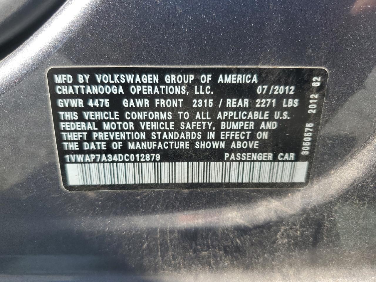 2013 Volkswagen Passat S VIN: 1VWAP7A34DC012879 Lot: 86543405