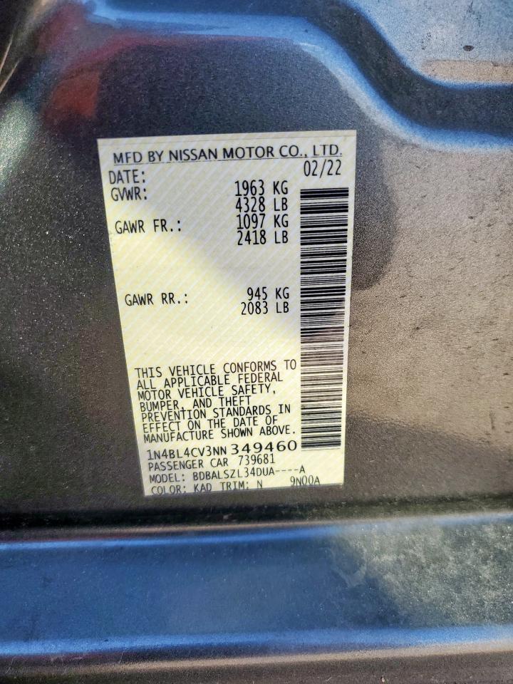 2022 Nissan Altima Sr VIN: 1N4BL4CV3NN349460 Lot: 85565825