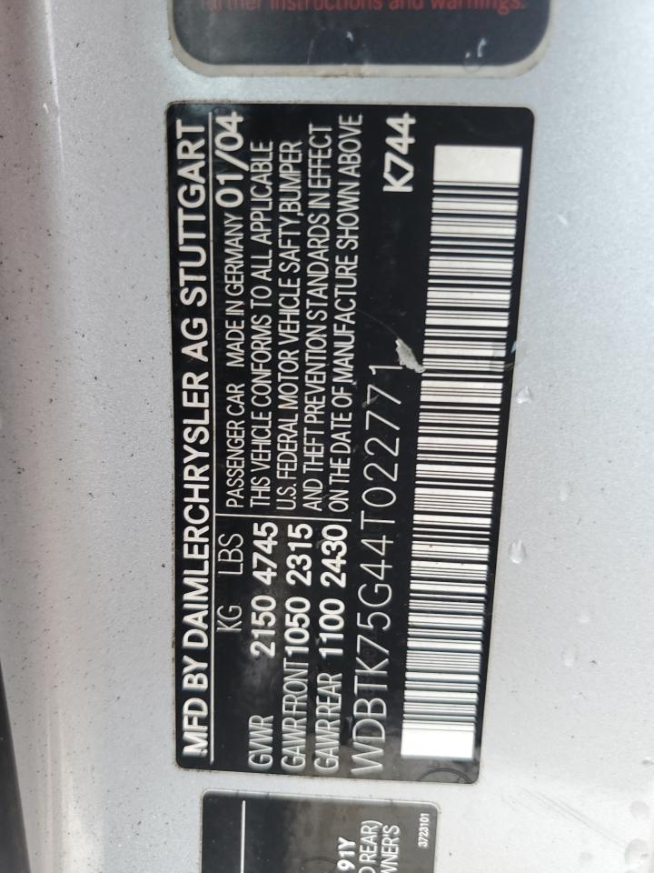 2004 Mercedes-Benz Clk 500 VIN: WDBTK75G44T022771 Lot: 86141175