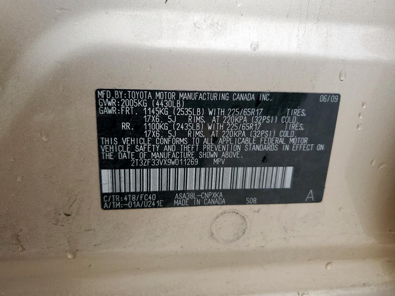 2009 Toyota Rav4 VIN: 2T3ZF33VX9W011269 Lot: 90402715