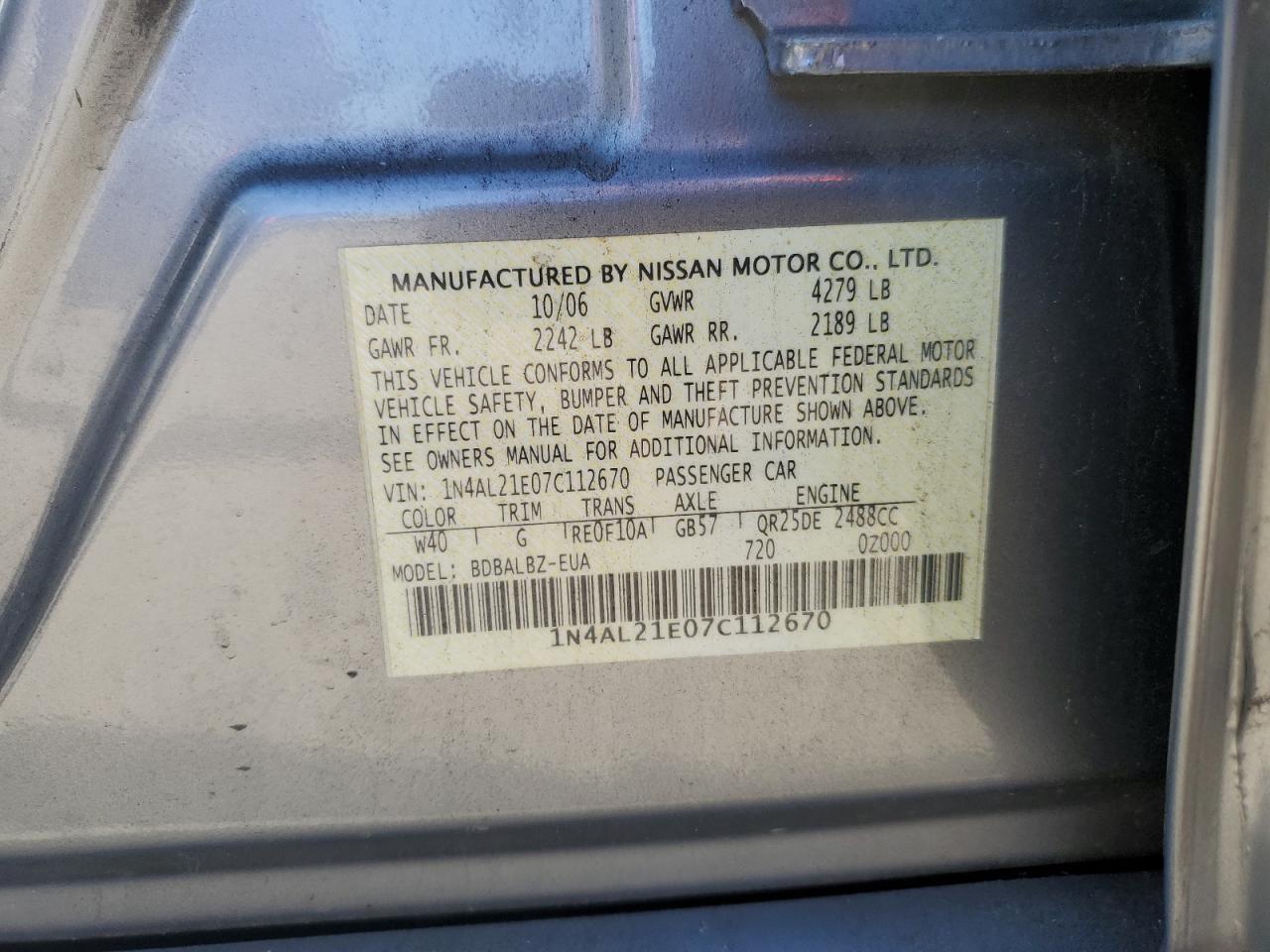 2007 Nissan Altima 2.5 VIN: 1N4AL21E07C112670 Lot: 84779305