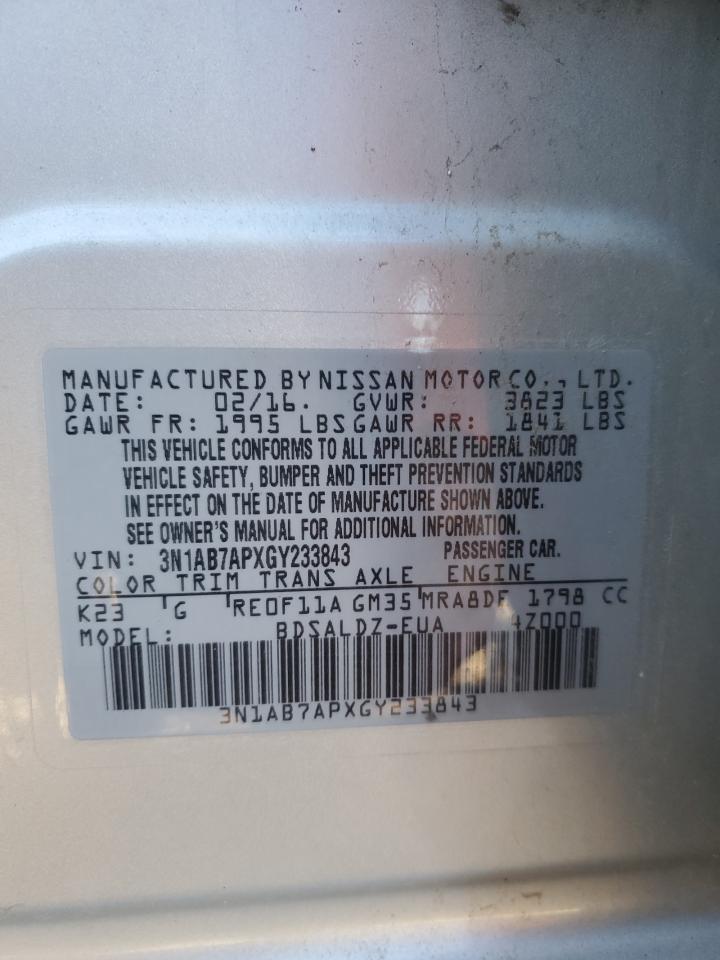 2016 Nissan Sentra S VIN: 3N1AB7APXGY233843 Lot: 85938765