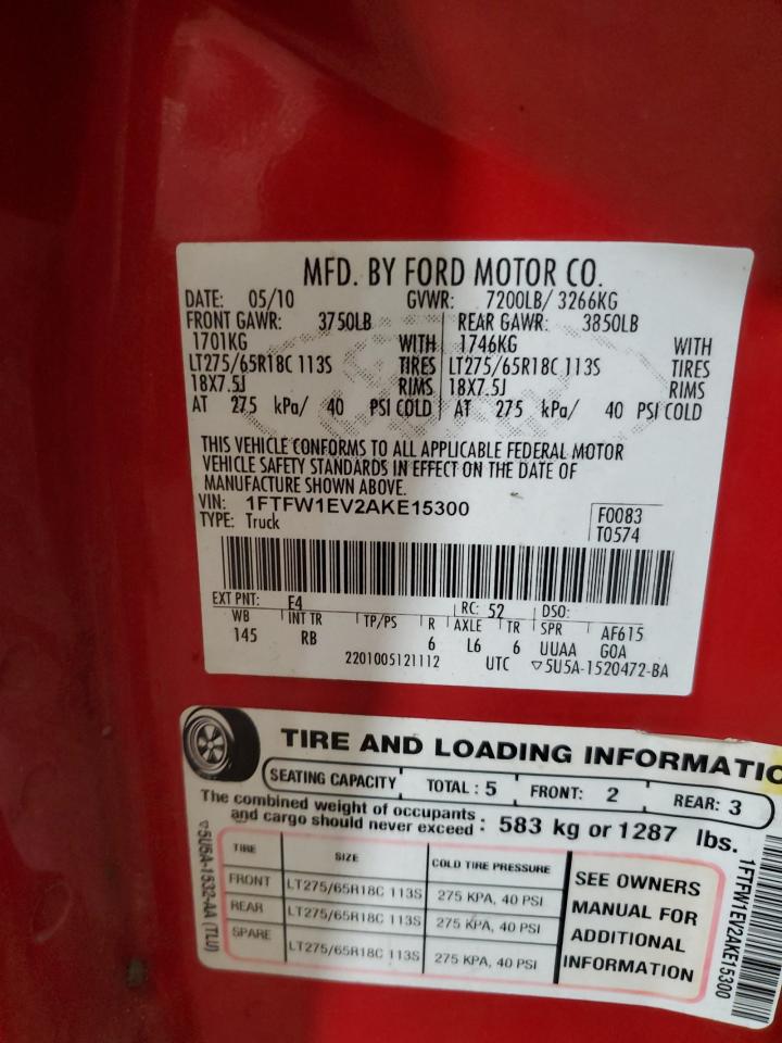 2010 Ford F150 Supercrew VIN: 1FTFW1EV2AKE15300 Lot: 86114705