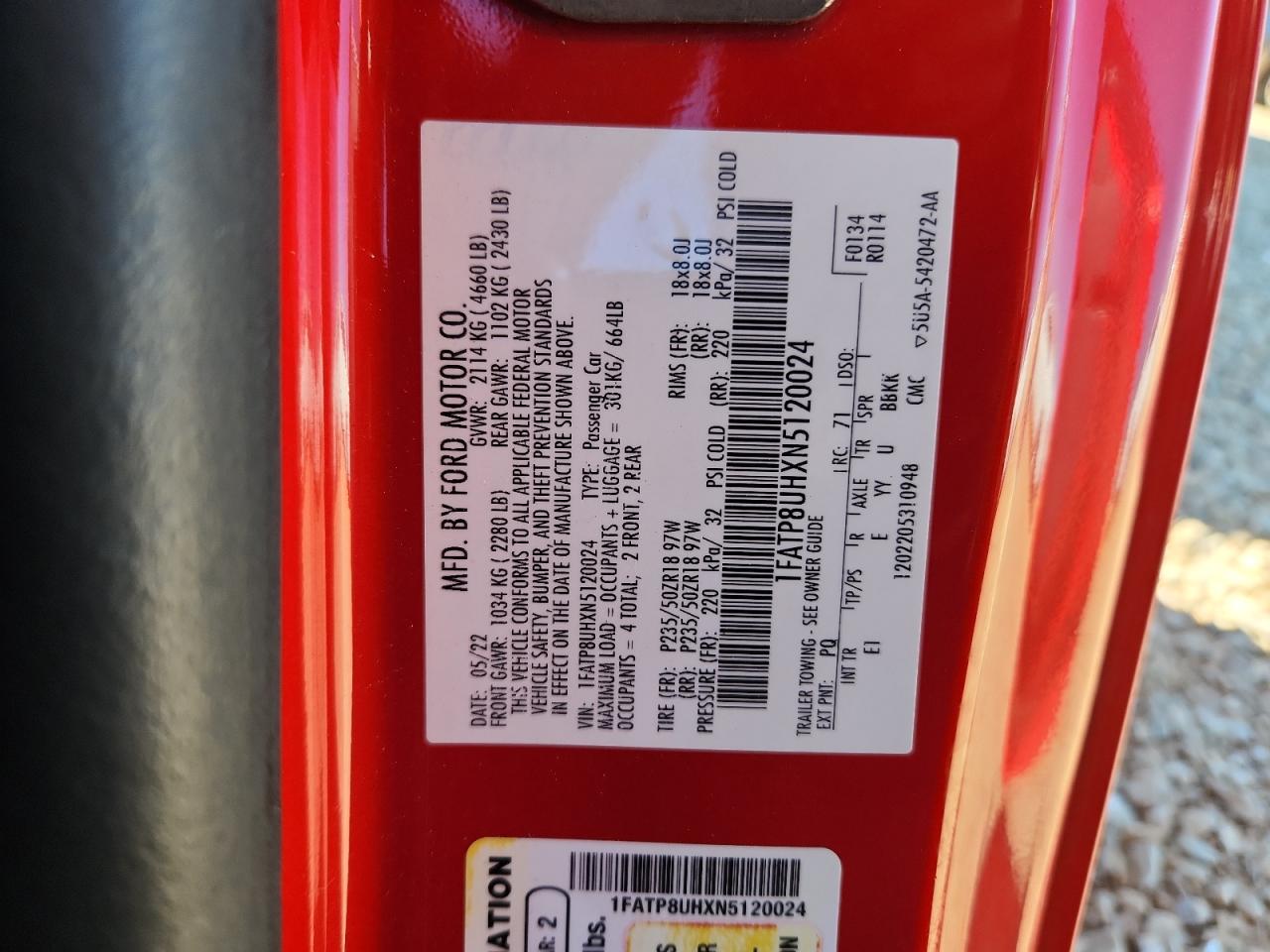 2022 Ford Mustang VIN: 1FATP8UHXN5120024 Lot: 86691075