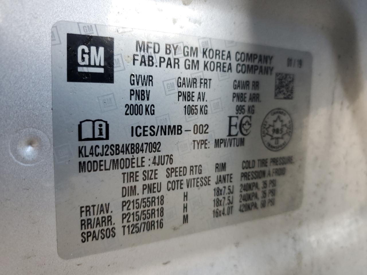 2019 Buick Encore Sport Touring VIN: KL4CJ2SB4KB847092 Lot: 87226155