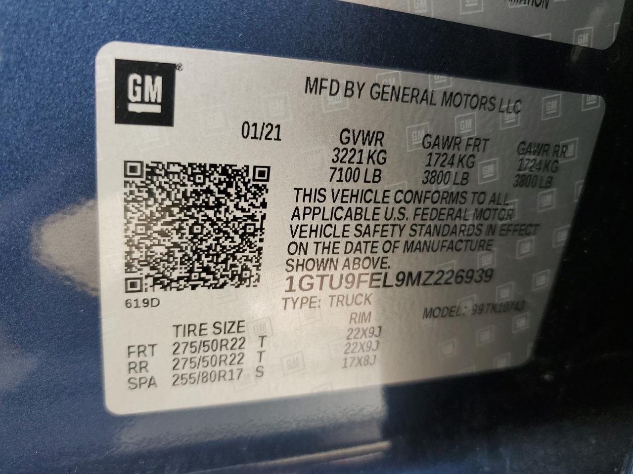 2021 GMC Sierra K1500 Denali VIN: 1GTU9FEL9MZ226939 Lot: 86283365