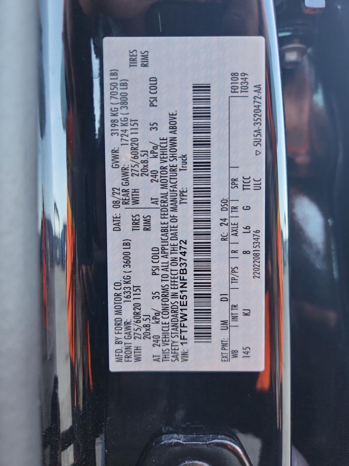 2022 Ford F150 Supercrew VIN: 1FTFW1E51NFB37472 Lot: 84403225