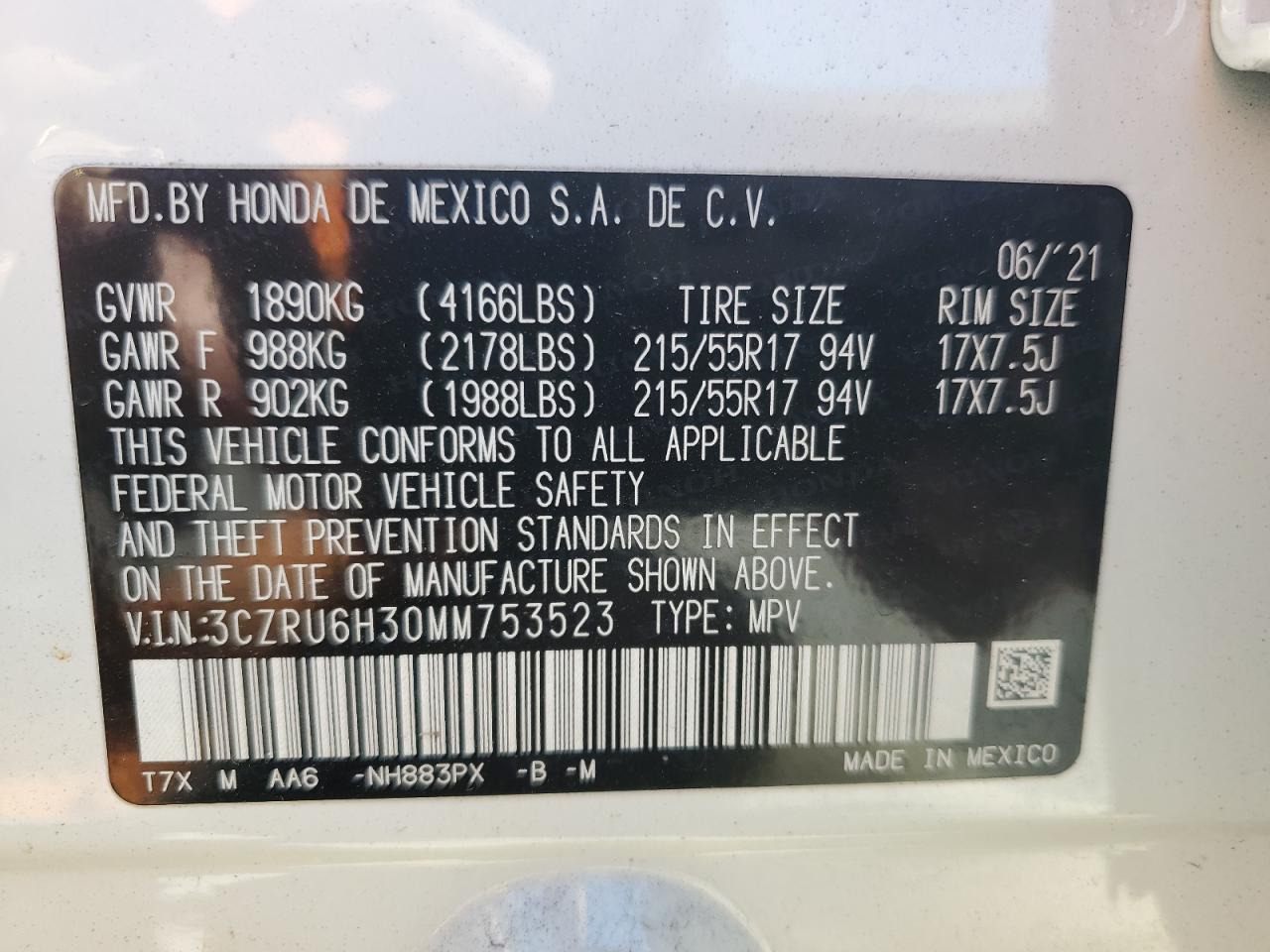 2021 Honda Hr-V Lx VIN: 3CZRU6H30MM753523 Lot: 85919745