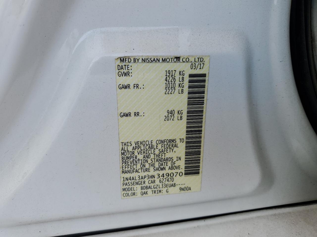 2017 Nissan Altima 2.5 VIN: 1N4AL3AP3HN349070 Lot: 81923255