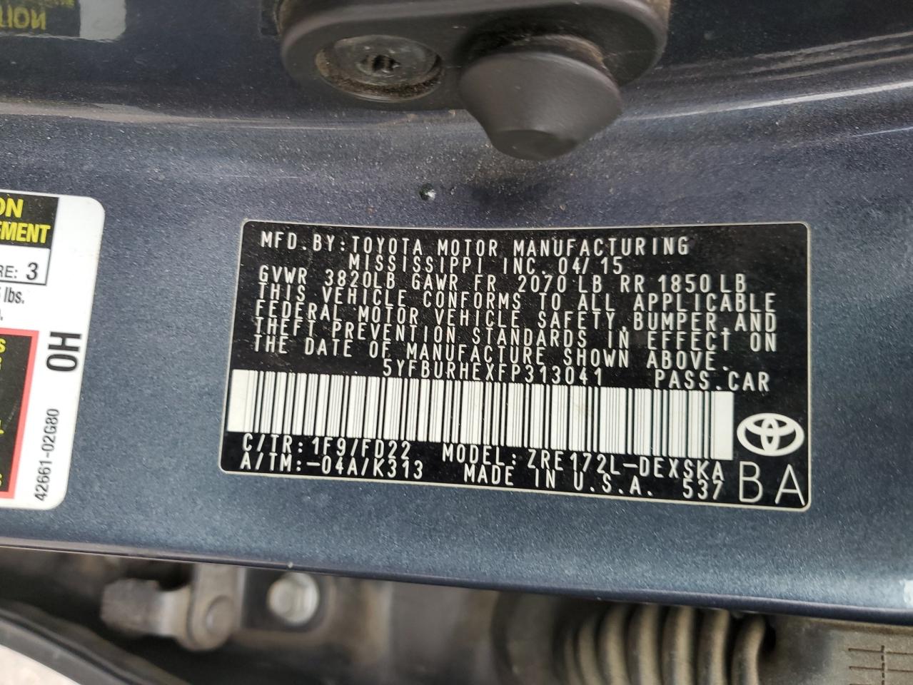 2015 Toyota Corolla L VIN: 5YFBURHEXFP313041 Lot: 85946555