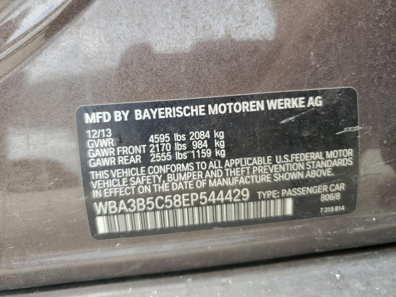 2014 BMW 328 Xi Sulev VIN: WBA3B5C58EP544429 Lot: 85726045