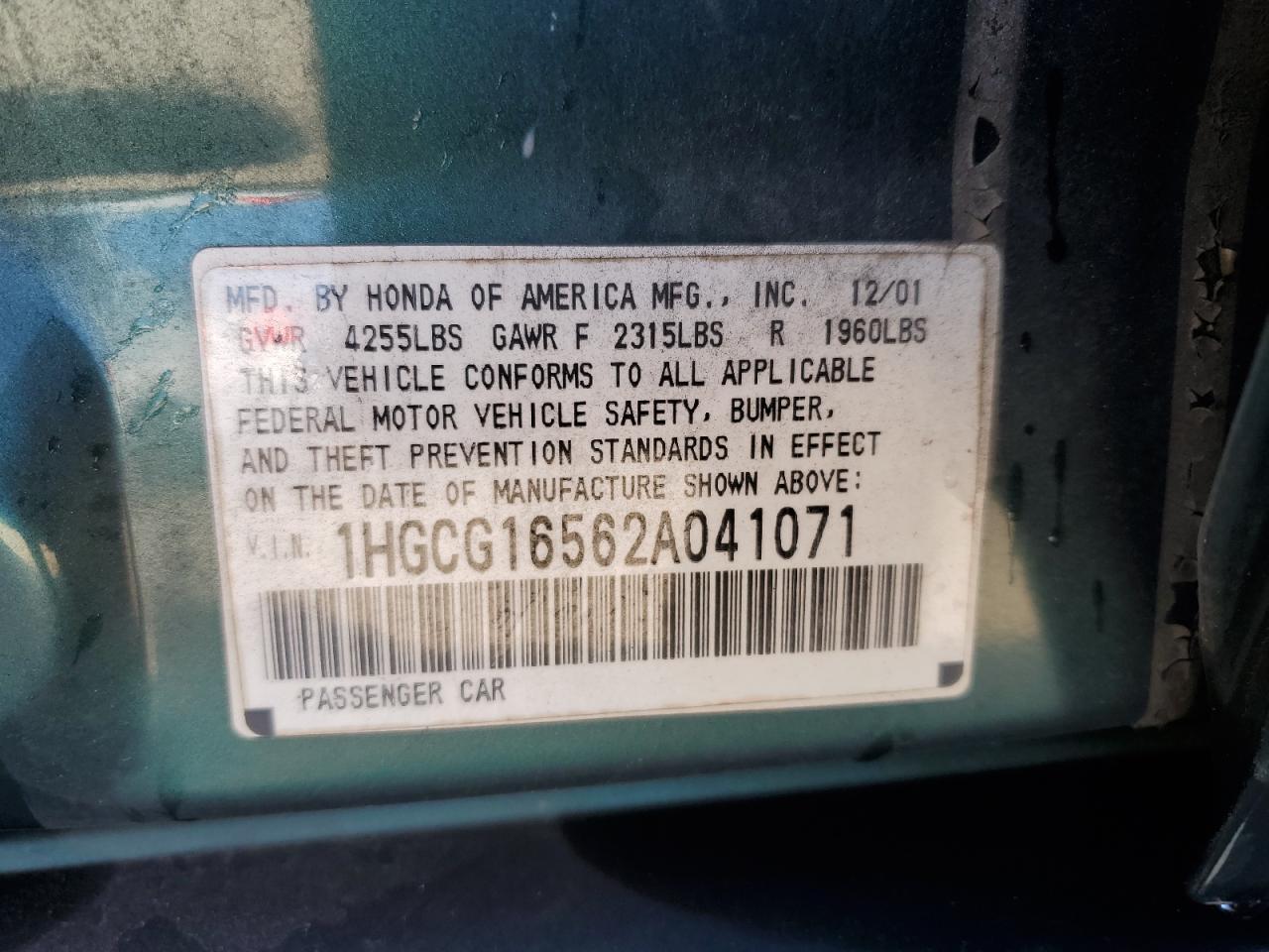 2002 Honda Accord Ex VIN: 1HGCG16562A041071 Lot: 86869265