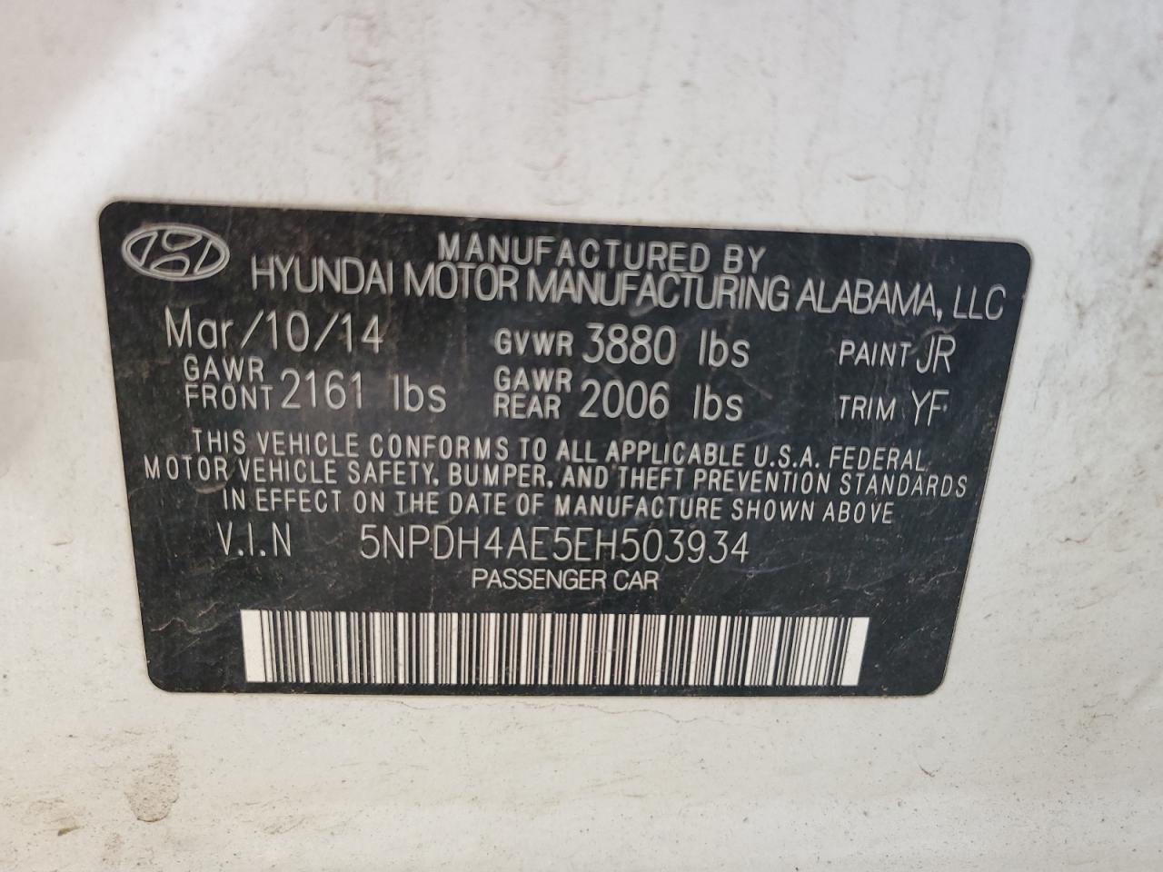 2014 Hyundai Elantra Se VIN: 5NPDH4AE5EH503934 Lot: 81782605