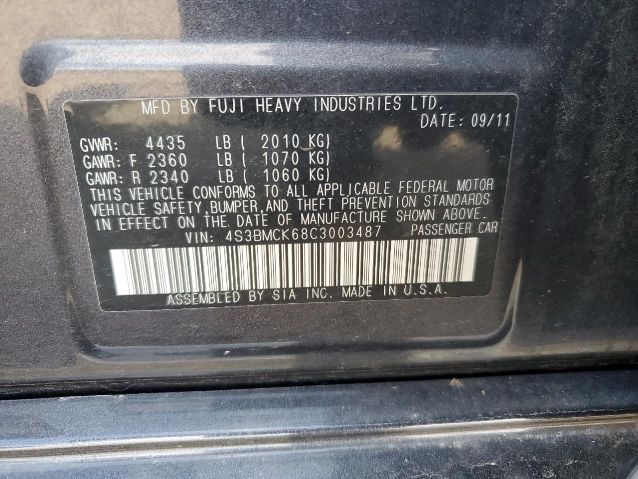 2012 Subaru Legacy 2.5I Limited VIN: 4S3BMCK68C3003487 Lot: 82311225