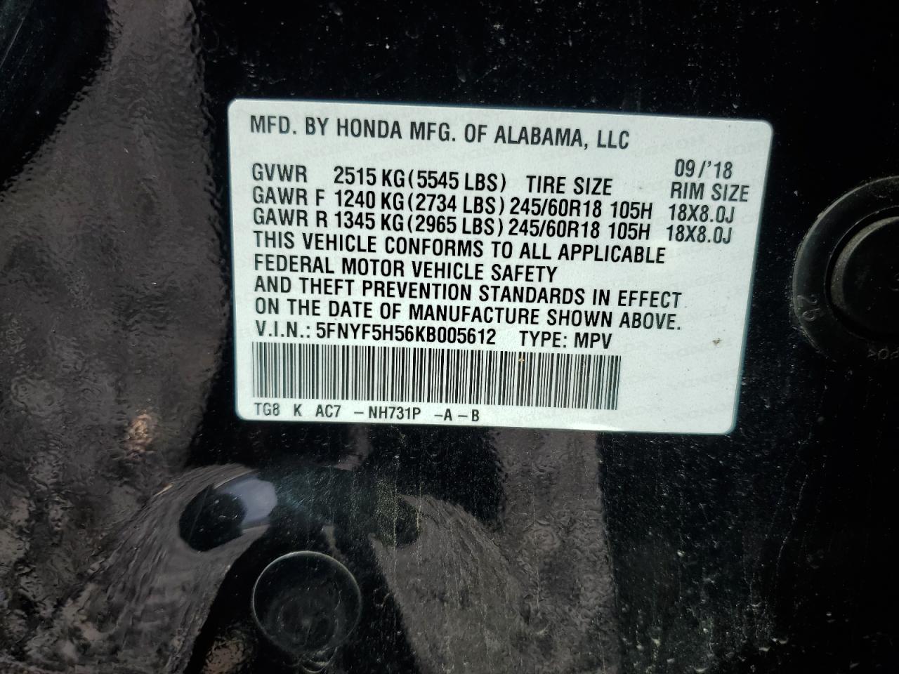 2019 Honda Pilot Exl VIN: 5FNYF5H56KB005612 Lot: 90607255