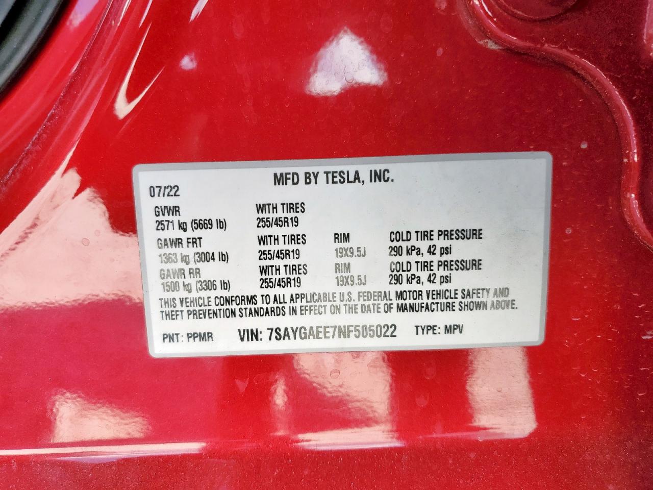 2022 Tesla Model Y VIN: 7SAYGAEE7NF505022 Lot: 85387145