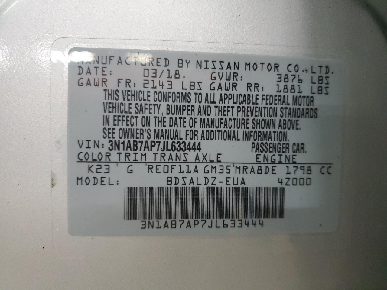 2018 Nissan Sentra S VIN: 3N1AB7AP7JL633444 Lot: 85482065