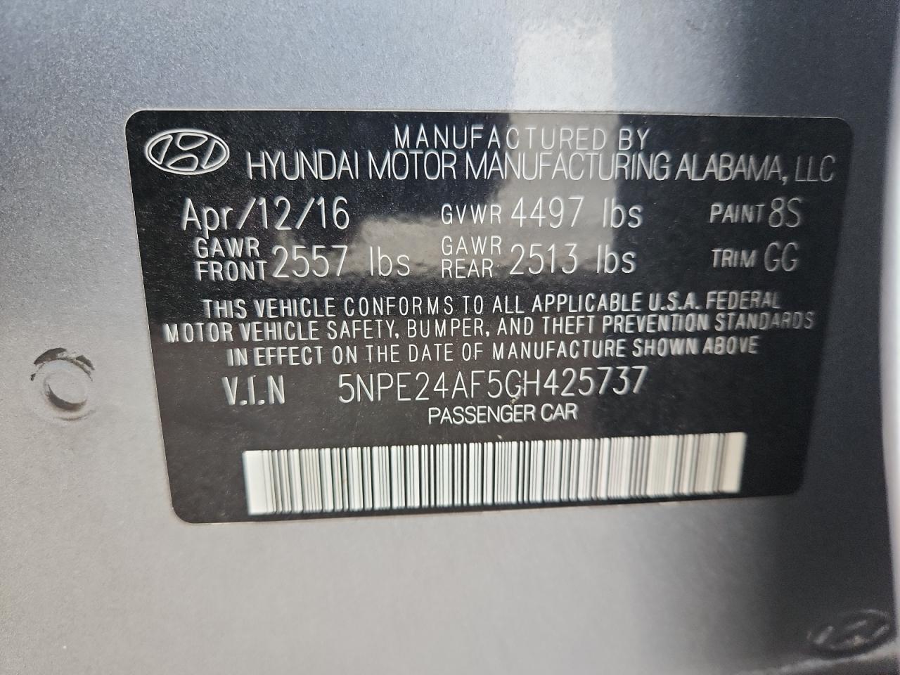 2016 Hyundai Sonata Se VIN: 5NPE24AF5GH425737 Lot: 82533595